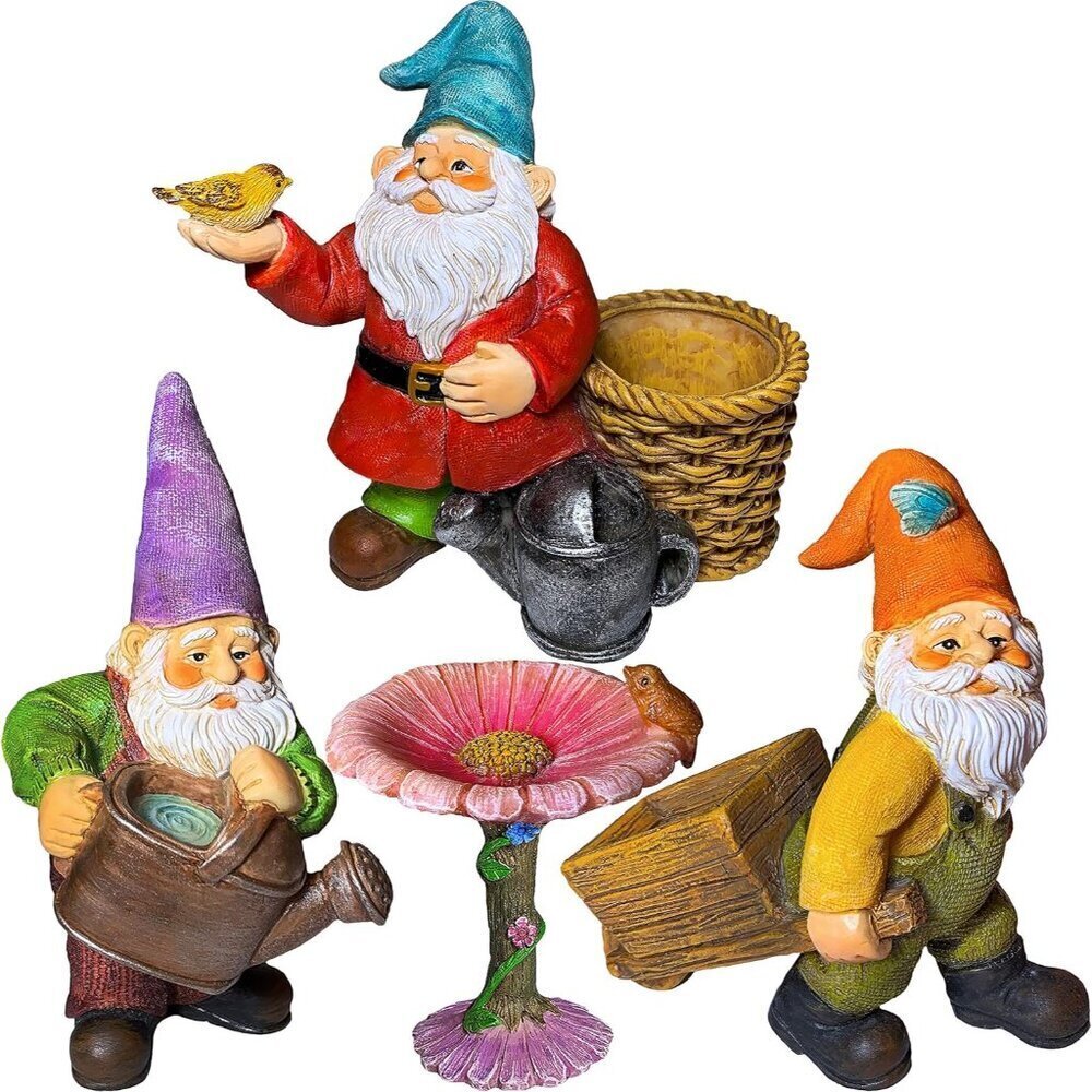 Miniature Garden Gnomes Set of 4 Hand-Painted Resin 3.5"